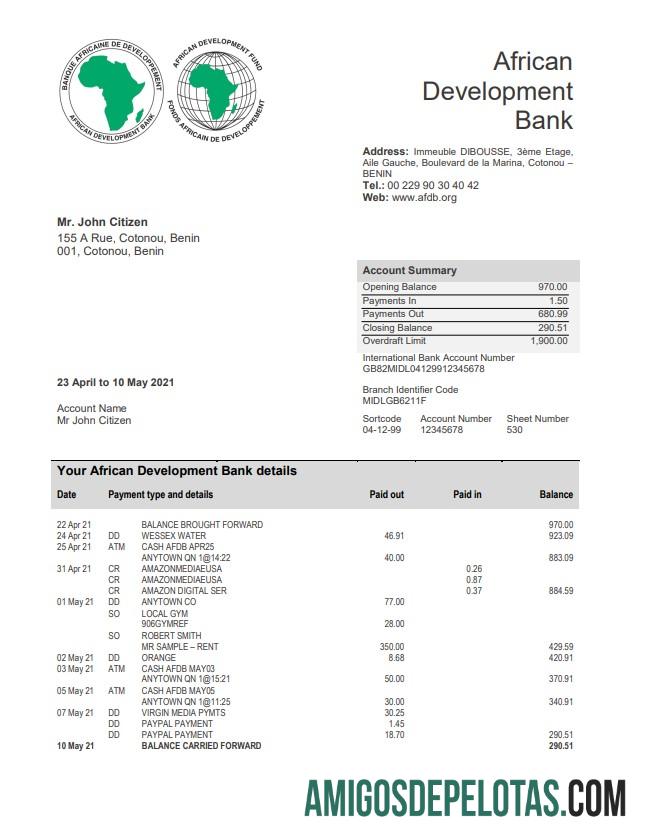 Benin African Development extrato bancário amostra
